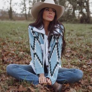 New Quilted Cardigan Sweater Coat Blue Women's Shacket Western Boho Jacket